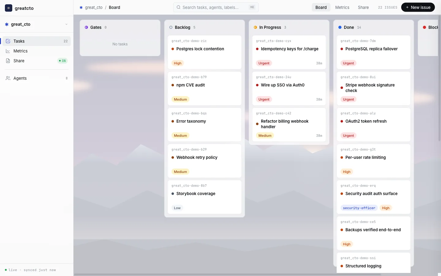 GreatCTO dev board — kanban, pipeline with human gate, agent runner