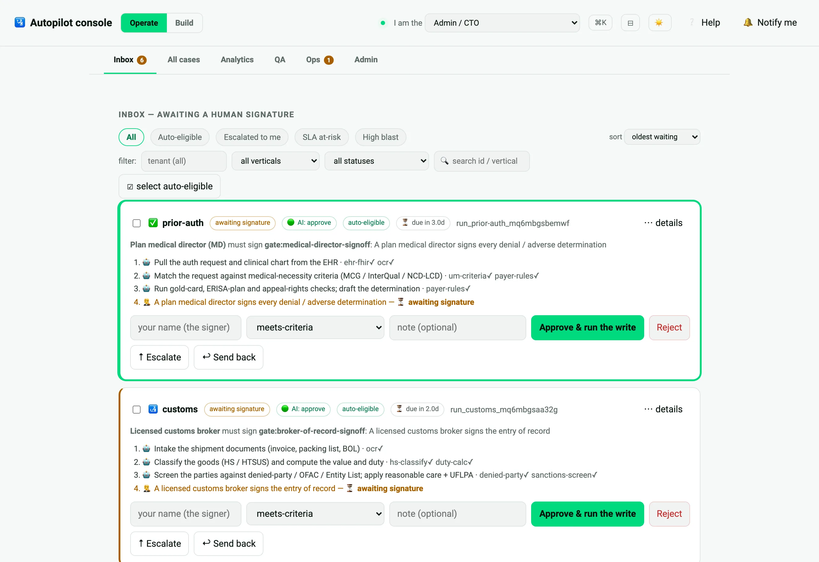 Operator console inbox — cases awaiting a human signature with AI recommendation, confidence and SLA